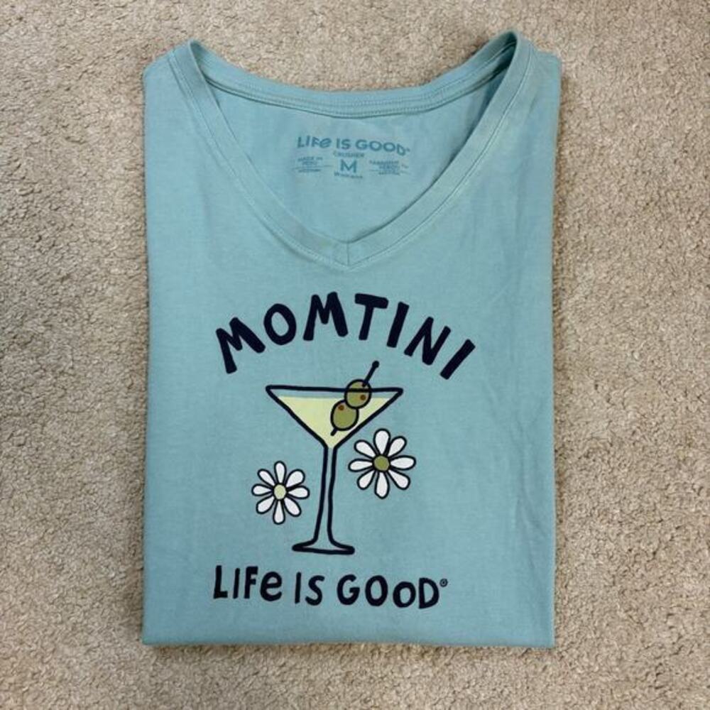 Life Is Good Momtini Martini Glass Graphic T-Shirt V-Neck Blue Size M